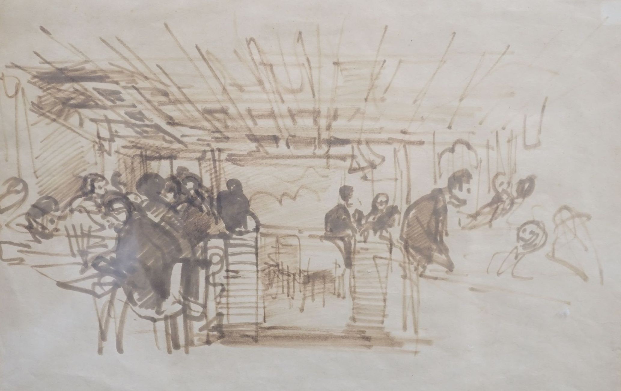 Attributed to Pietro Annigoni (1910-1988), pen and ink, 'The Bar at the Cafe de Paris, 1956', 24 x 35cm